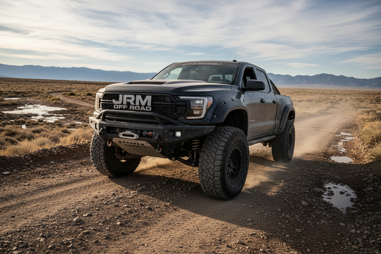 4 x 4 truck coming in from the right hand side. the front of the truck to say JRM OFF ROAD